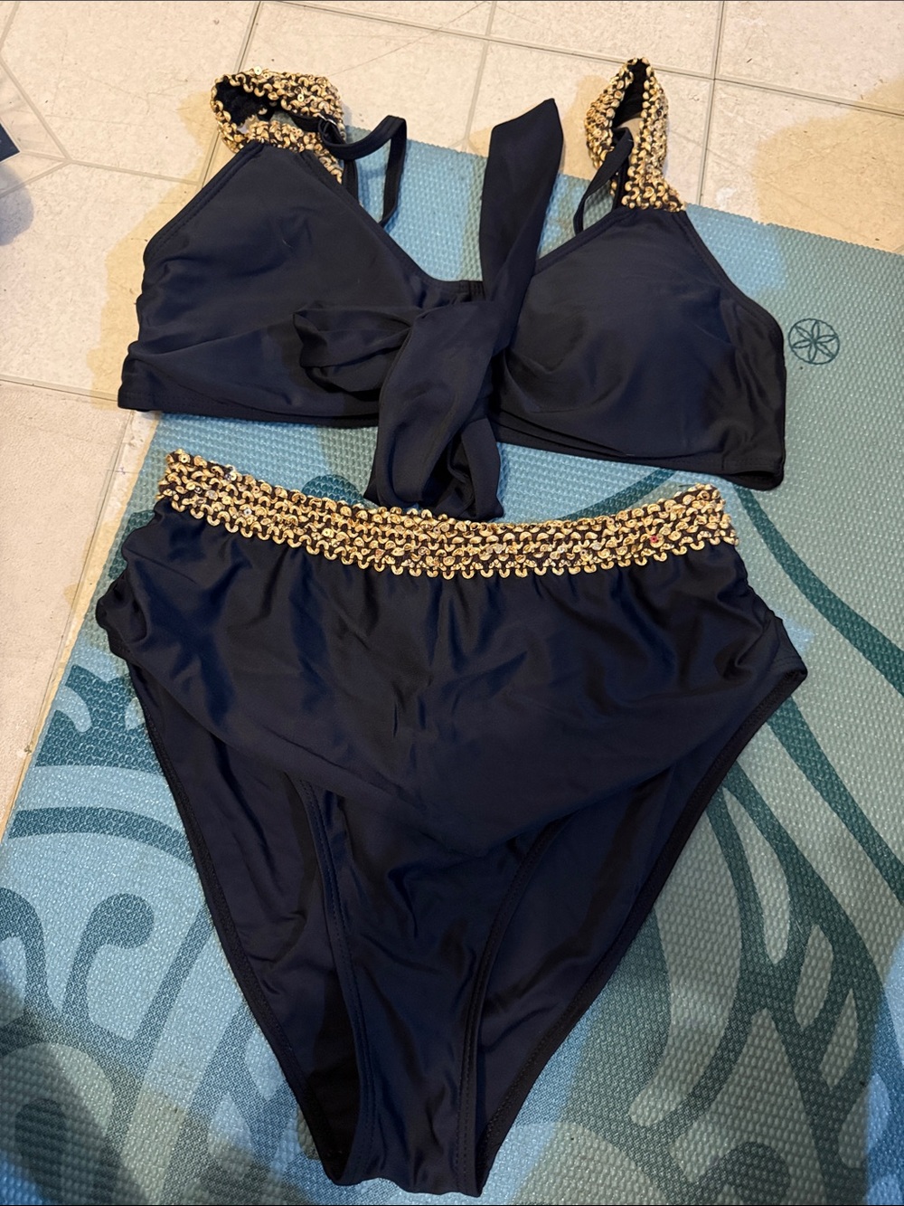 Black Two-Piece Bikini with Gold Chain Trim